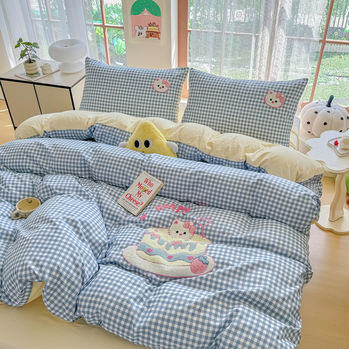 91家纺网 家纺一手货源 找家纺 优卡迪家纺馆 2026新款A类亲肤水洗棉毛巾绣系列四件套下载文件包含买家秀 蛋糕猫-布丁兰