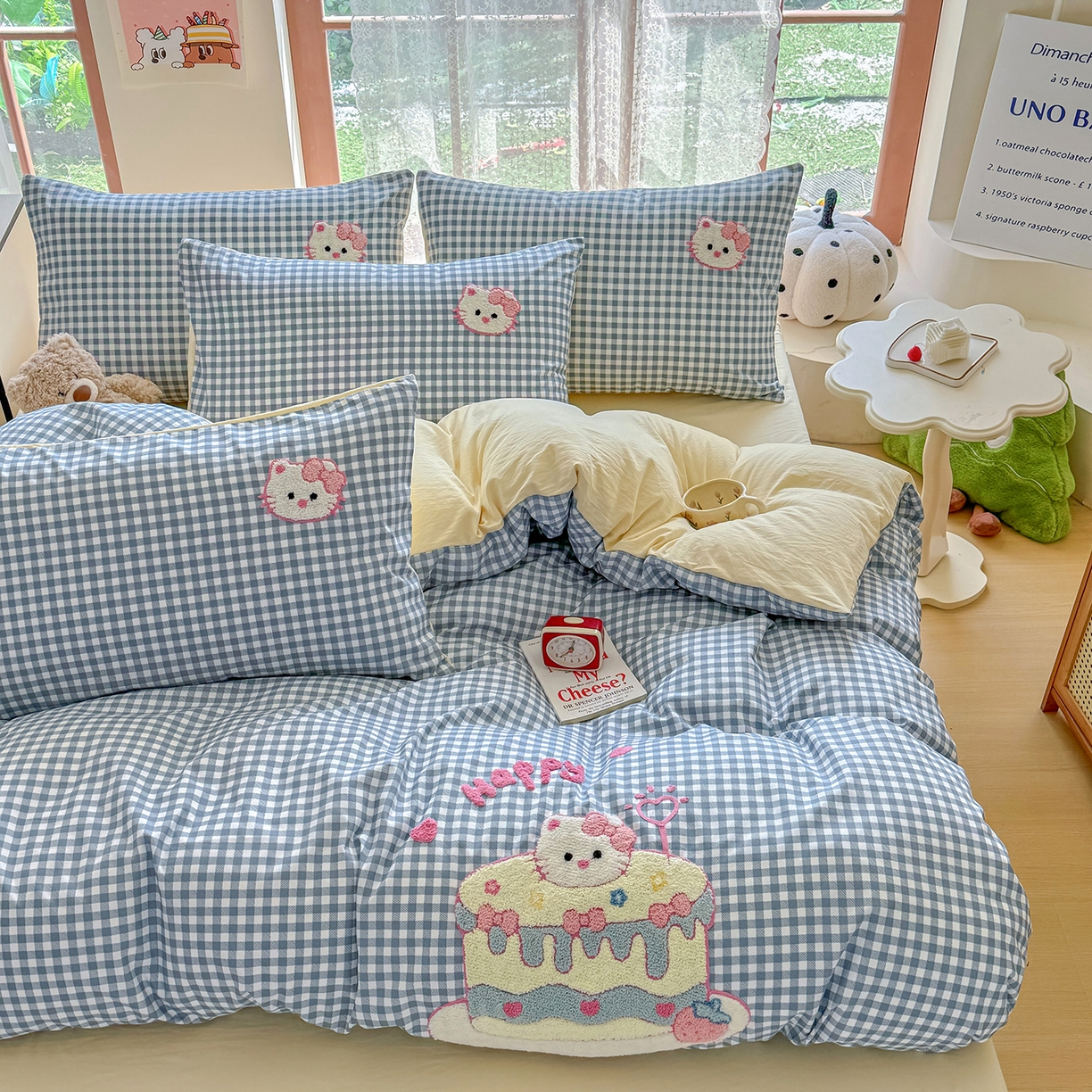 91家纺网 家纺一手货源 找家纺 优卡迪家纺馆 2026新款A类亲肤水洗棉毛巾绣系列四件套下载文件包含买家秀 蛋糕猫-布丁兰