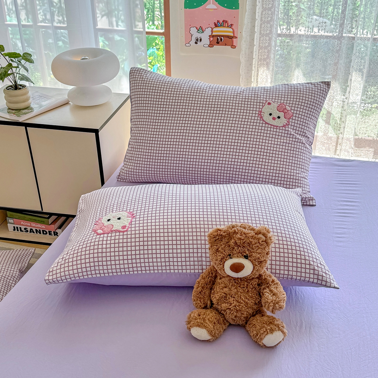 91家纺网 家纺一手货源 找家纺 优卡迪家纺馆 2026新款A类亲肤水洗棉毛巾绣系列四件套下载文件包含买家秀 蛋糕猫-布丁紫