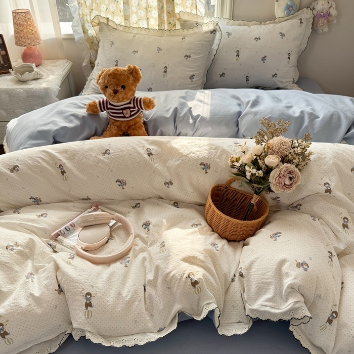 91家纺网 家纺一手货源 找家纺 一比一家纺 2026新款A类仿棉古法水洗棉法式全棉花边四件套 俏皮狗