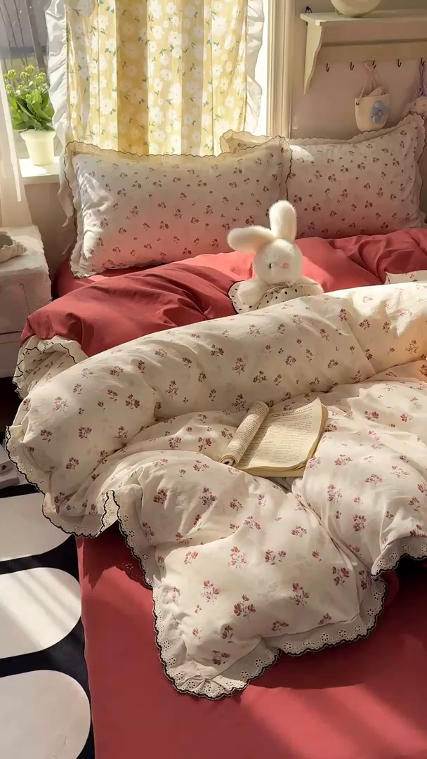 91家纺网 家纺一手货源 找家纺 一比一家纺 2026新款A类仿棉古法水洗棉法式全棉花边四件套 疏影