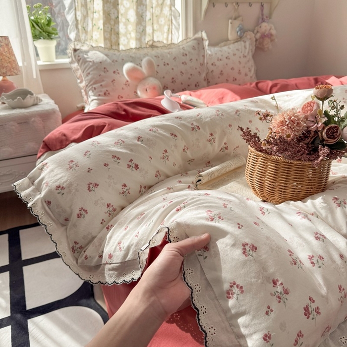 91家纺网 家纺一手货源 找家纺 一比一家纺 2026新款A类仿棉古法水洗棉法式全棉花边四件套 疏影