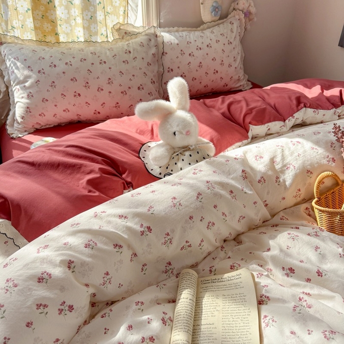 91家纺网 家纺一手货源 找家纺 一比一家纺 2026新款A类仿棉古法水洗棉法式全棉花边四件套 疏影