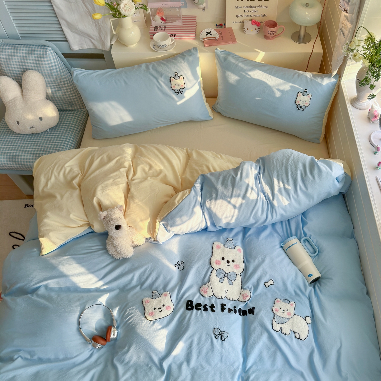 91家纺网 家纺一手货源 找家纺 优卡迪家纺馆 2026新款A类亲肤水洗棉毛巾绣系列四件套下载文件包含买家秀 软萌西高-天蓝