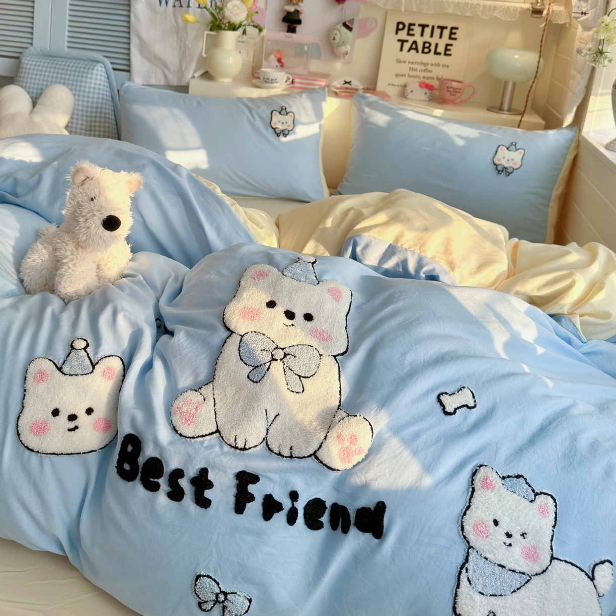 91家纺网 家纺一手货源 找家纺 优卡迪家纺馆 2026新款A类亲肤水洗棉毛巾绣系列四件套下载文件包含买家秀 软萌西高-天蓝