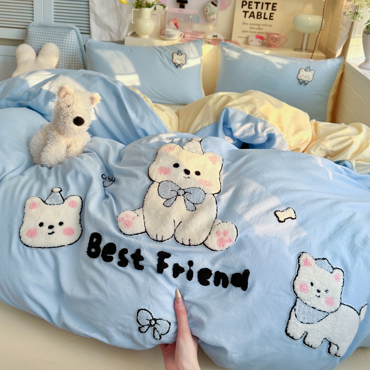 91家纺网 家纺一手货源 找家纺 优卡迪家纺馆 2026新款A类亲肤水洗棉毛巾绣系列四件套下载文件包含买家秀 软萌西高-天蓝