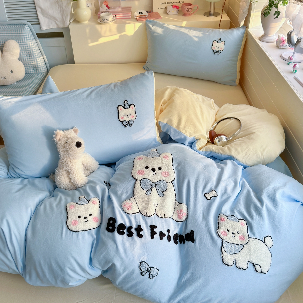 91家纺网 家纺一手货源 找家纺 优卡迪家纺馆 2026新款A类亲肤水洗棉毛巾绣系列四件套下载文件包含买家秀 软萌西高-天蓝