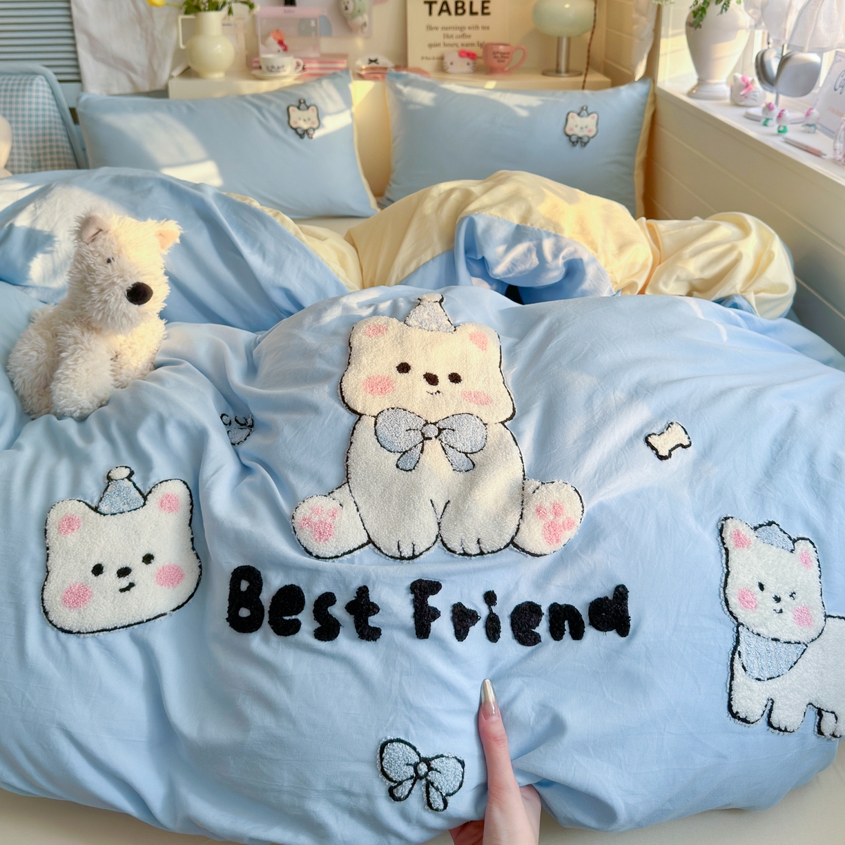 91家纺网 家纺一手货源 找家纺 优卡迪家纺馆 2026新款A类亲肤水洗棉毛巾绣系列四件套下载文件包含买家秀 软萌西高-天蓝