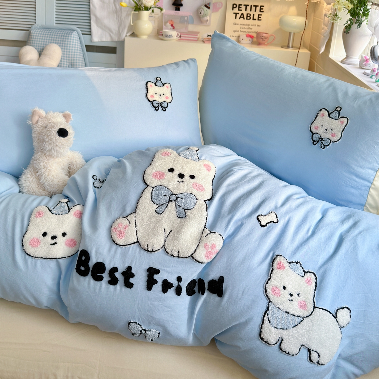 91家纺网 家纺一手货源 找家纺 优卡迪家纺馆 2026新款A类亲肤水洗棉毛巾绣系列四件套下载文件包含买家秀 软萌西高-天蓝