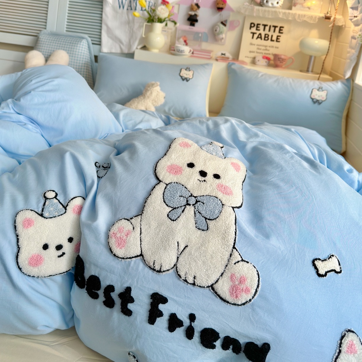 91家纺网 家纺一手货源 找家纺 优卡迪家纺馆 2026新款A类亲肤水洗棉毛巾绣系列四件套下载文件包含买家秀 软萌西高-天蓝