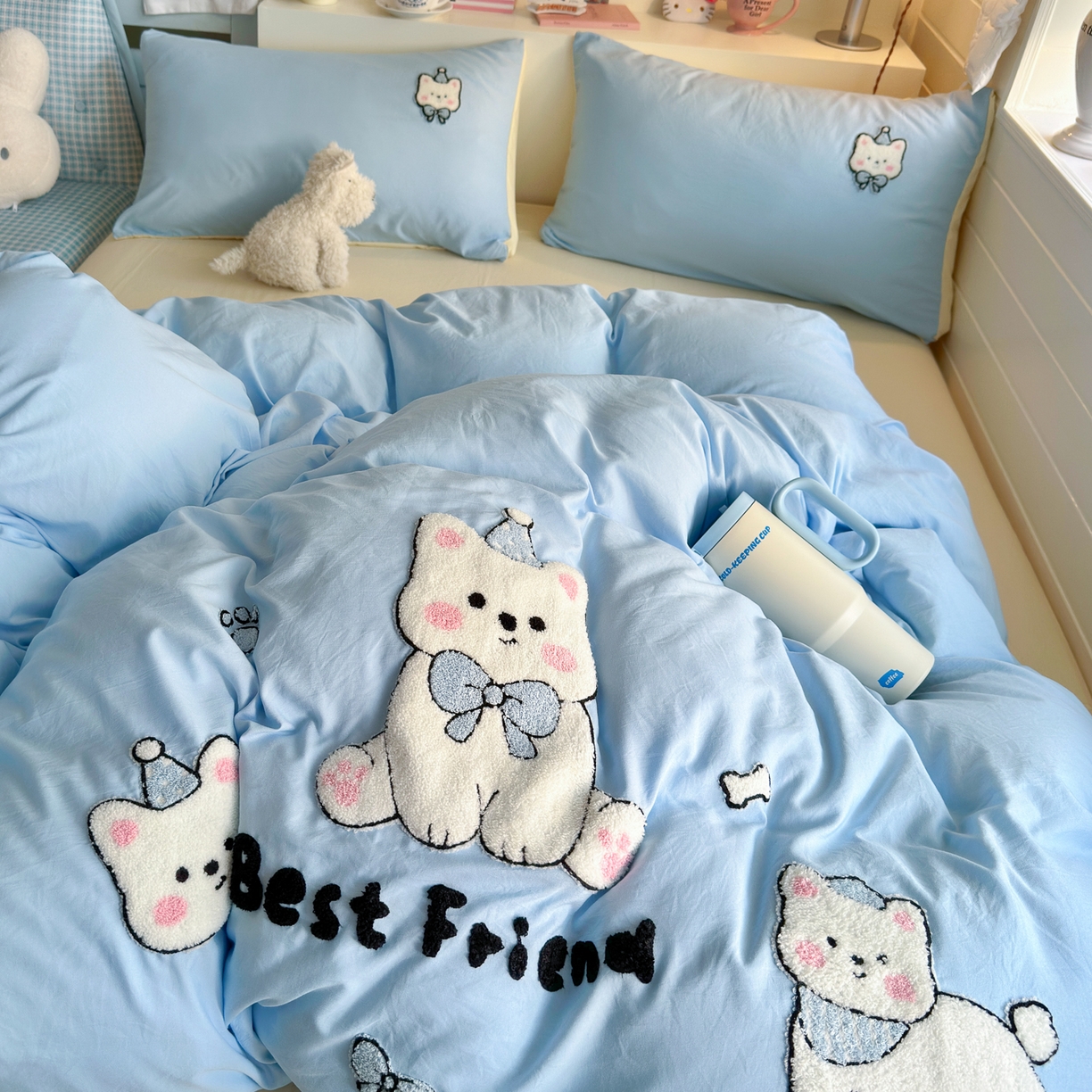 91家纺网 家纺一手货源 找家纺 优卡迪家纺馆 2026新款A类亲肤水洗棉毛巾绣系列四件套下载文件包含买家秀 软萌西高-天蓝