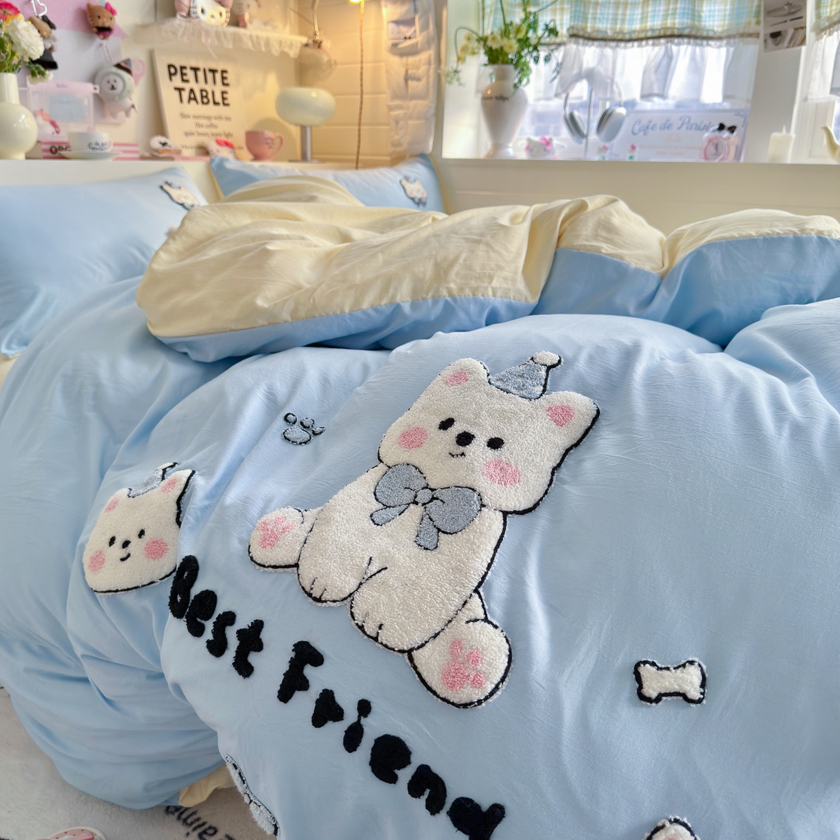 91家纺网 家纺一手货源 找家纺 优卡迪家纺馆 2026新款A类亲肤水洗棉毛巾绣系列四件套下载文件包含买家秀 软萌西高-天蓝