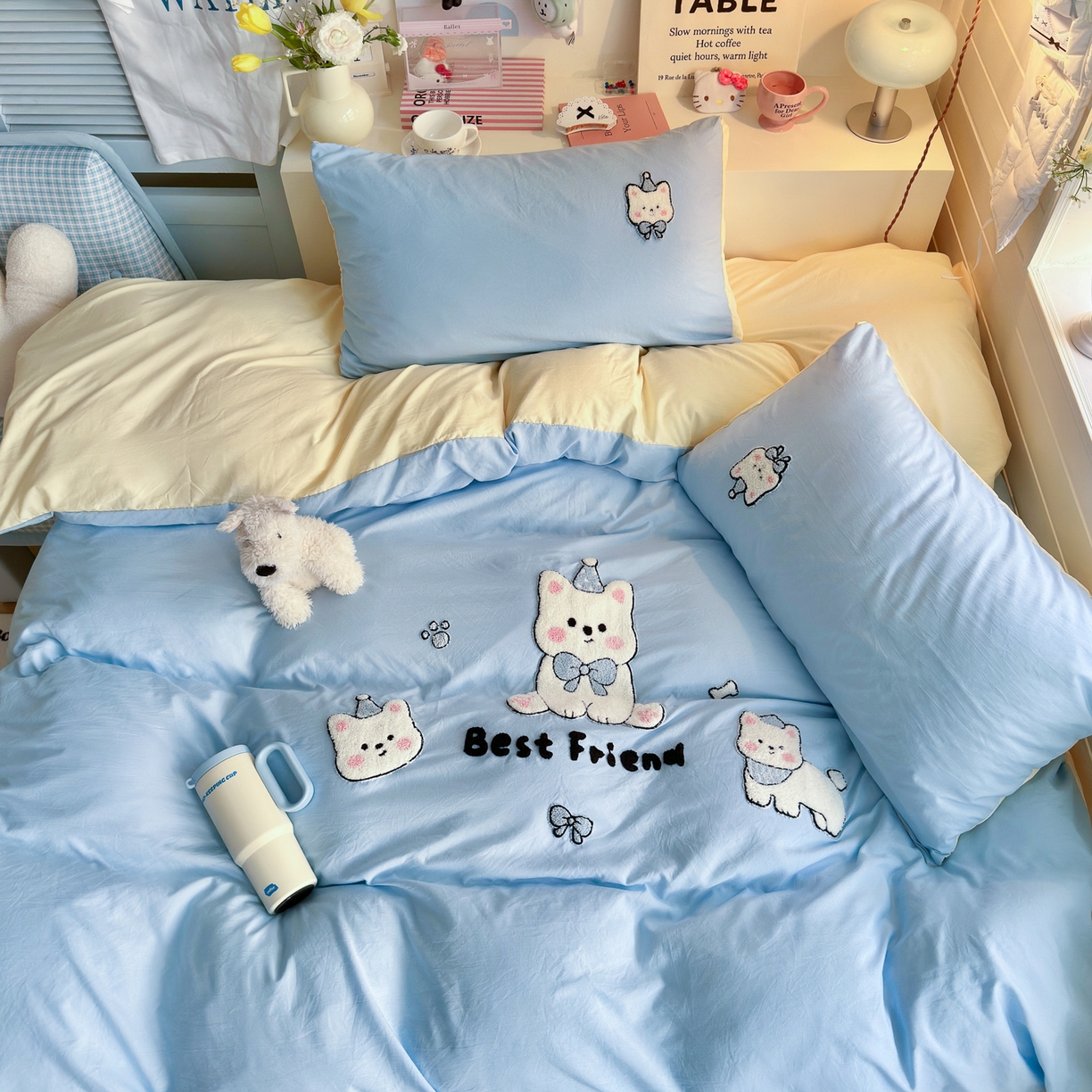 91家纺网 家纺一手货源 找家纺 优卡迪家纺馆 2026新款A类亲肤水洗棉毛巾绣系列四件套下载文件包含买家秀 软萌西高-天蓝