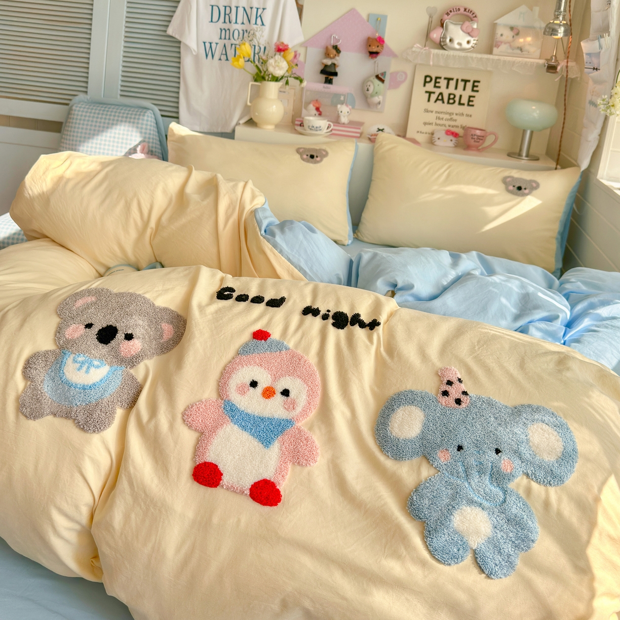 91家纺网 家纺一手货源 找家纺 优卡迪家纺馆 2026新款A类亲肤水洗棉毛巾绣系列四件套下载文件包含买家秀 森系萌宠-奶黄