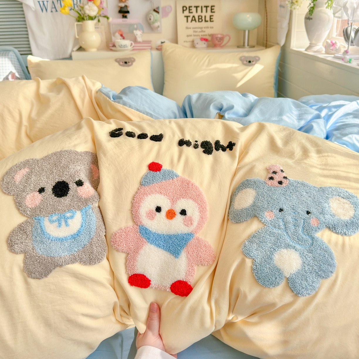 91家纺网 家纺一手货源 找家纺 优卡迪家纺馆 2026新款A类亲肤水洗棉毛巾绣系列四件套下载文件包含买家秀 森系萌宠-奶黄