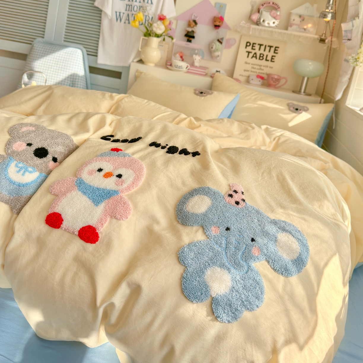 91家纺网 家纺一手货源 找家纺 优卡迪家纺馆 2026新款A类亲肤水洗棉毛巾绣系列四件套下载文件包含买家秀 森系萌宠-奶黄