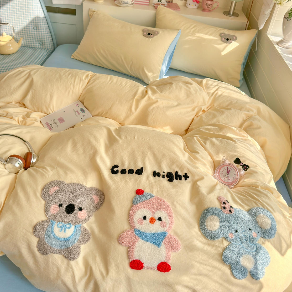 91家纺网 家纺一手货源 找家纺 优卡迪家纺馆 2026新款A类亲肤水洗棉毛巾绣系列四件套下载文件包含买家秀 森系萌宠-奶黄