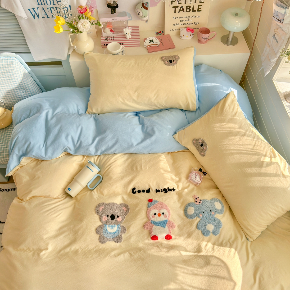 91家纺网 家纺一手货源 找家纺 优卡迪家纺馆 2026新款A类亲肤水洗棉毛巾绣系列四件套下载文件包含买家秀 森系萌宠-奶黄