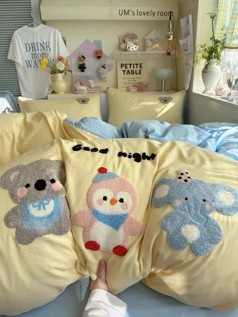 91家纺网 家纺一手货源 找家纺 优卡迪家纺馆 2026新款A类亲肤水洗棉毛巾绣系列四件套下载文件包含买家秀 森系萌宠-奶黄