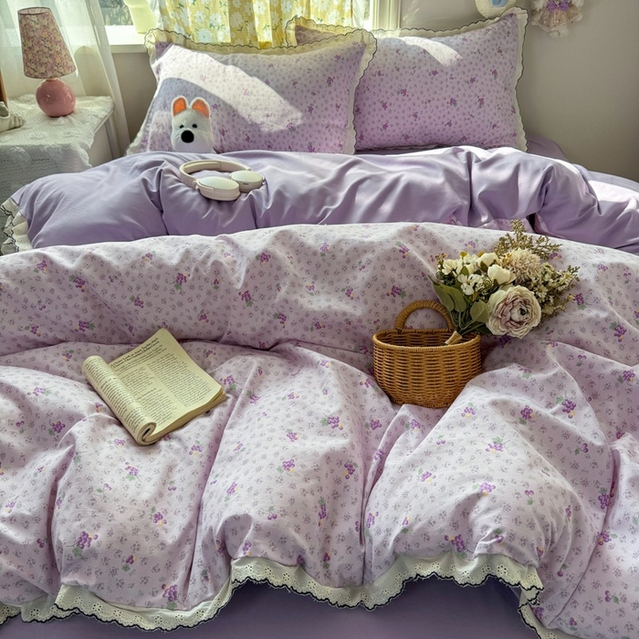 91家纺网 家纺一手货源 找家纺 一比一家纺 2026新款A类仿棉古法水洗棉法式全棉花边四件套 水晶葡萄