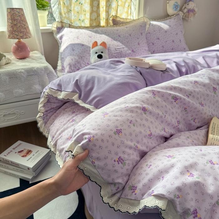 91家纺网 家纺一手货源 找家纺 一比一家纺 2026新款A类仿棉古法水洗棉法式全棉花边四件套 水晶葡萄