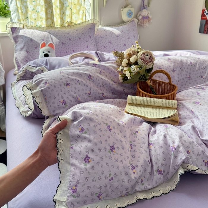 一比一家纺 2026新款A类仿棉古法水洗棉法式全棉花边四件套 水晶葡萄