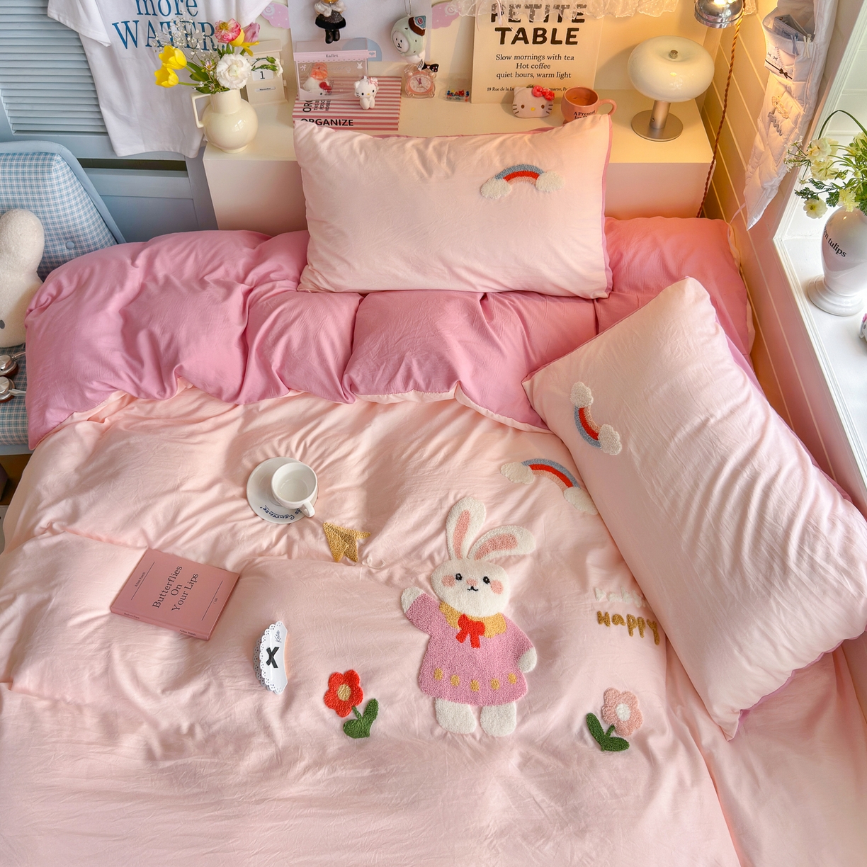 91家纺网 家纺一手货源 找家纺 优卡迪家纺馆 2026新款A类亲肤水洗棉毛巾绣系列四件套下载文件包含买家秀 甜心兔宝-玉粉