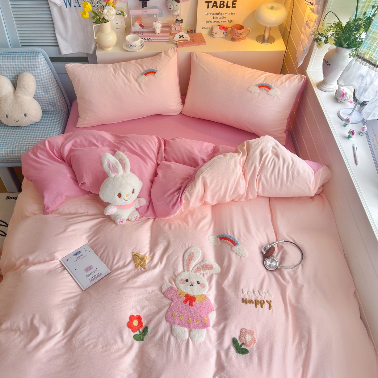 91家纺网 家纺一手货源 找家纺 优卡迪家纺馆 2026新款A类亲肤水洗棉毛巾绣系列四件套下载文件包含买家秀 甜心兔宝-玉粉