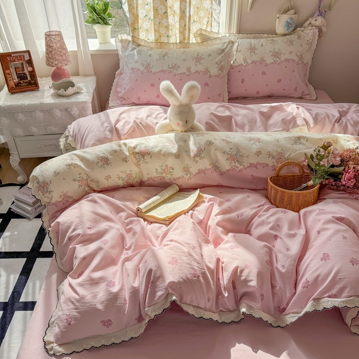 91家纺网 家纺一手货源 找家纺 一比一家纺 2026新款A类仿棉古法水洗棉法式全棉花边四件套 甜粉小窝