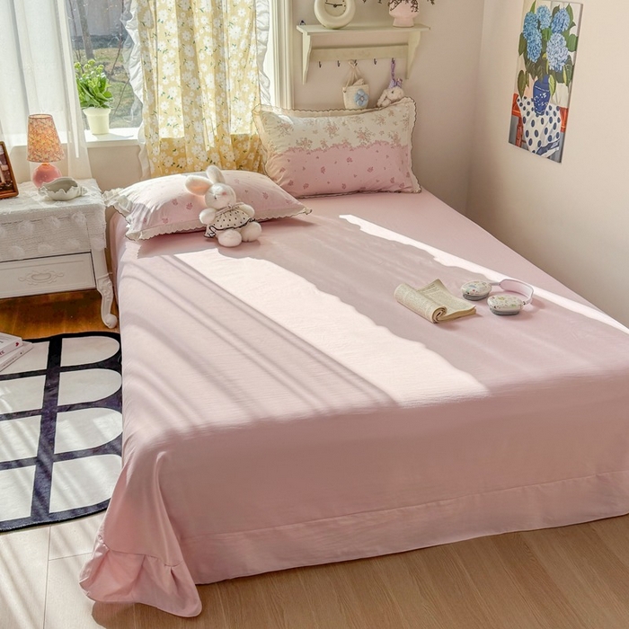 91家纺网 家纺一手货源 找家纺 一比一家纺 2026新款A类仿棉古法水洗棉法式全棉花边四件套 甜粉小窝