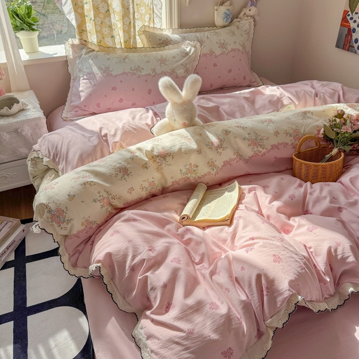 91家纺网 家纺一手货源 找家纺 一比一家纺 2026新款A类仿棉古法水洗棉法式全棉花边四件套 甜粉小窝