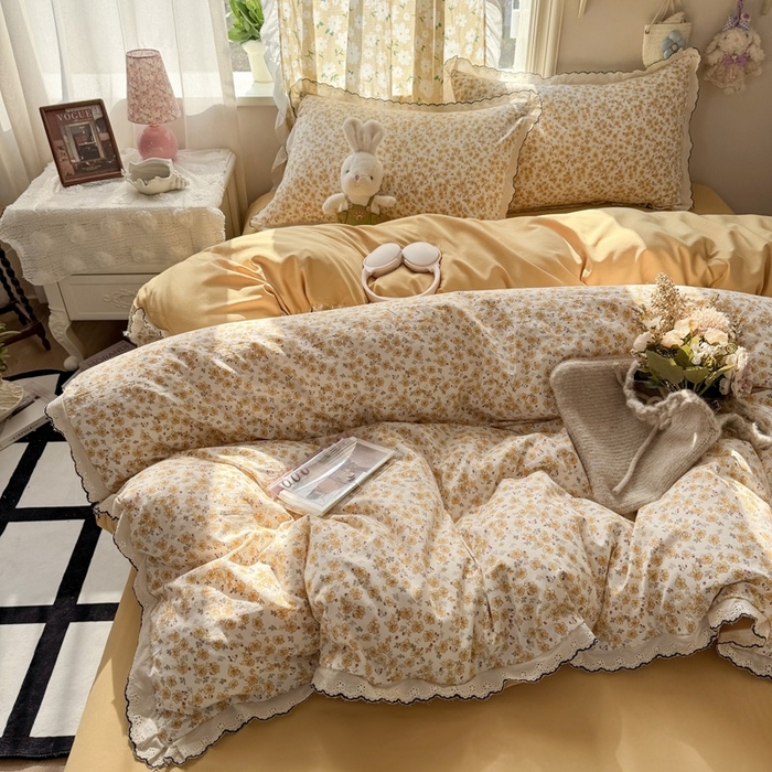 91家纺网 家纺一手货源 找家纺 一比一家纺 2026新款A类仿棉古法水洗棉法式全棉花边四件套 小黄花