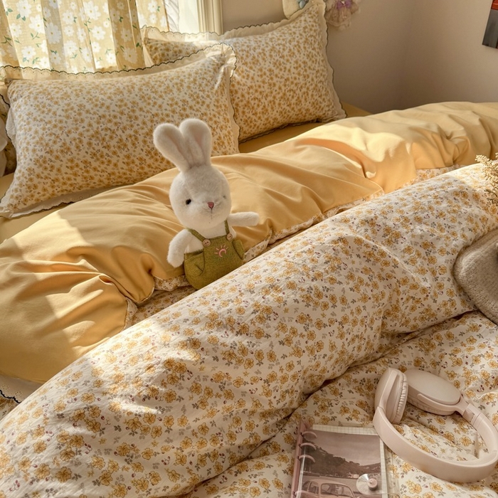 91家纺网 家纺一手货源 找家纺 一比一家纺 2026新款A类仿棉古法水洗棉法式全棉花边四件套 小黄花