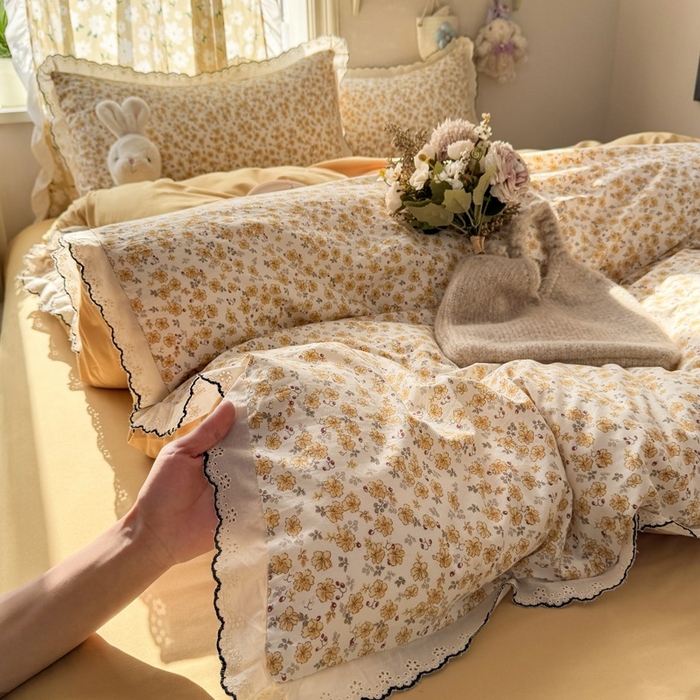 一比一家纺 2026新款A类仿棉古法水洗棉法式全棉花边四件套 小黄花