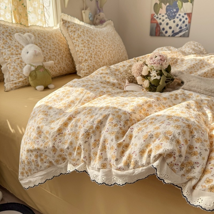 91家纺网 家纺一手货源 找家纺 一比一家纺 2026新款A类仿棉古法水洗棉法式全棉花边四件套 小黄花