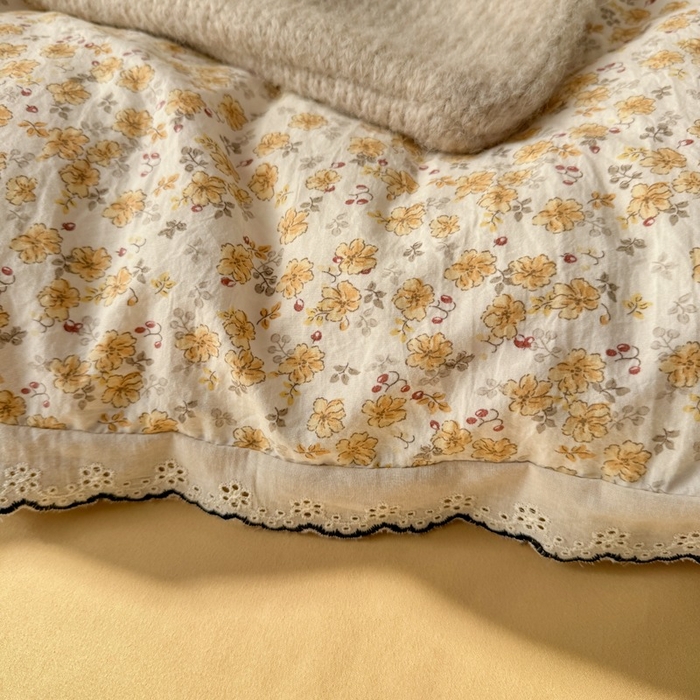 91家纺网 家纺一手货源 找家纺 一比一家纺 2026新款A类仿棉古法水洗棉法式全棉花边四件套 小黄花