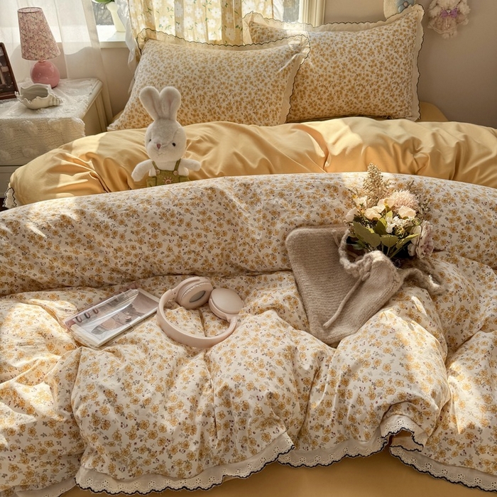 91家纺网 家纺一手货源 找家纺 一比一家纺 2026新款A类仿棉古法水洗棉法式全棉花边四件套 小黄花