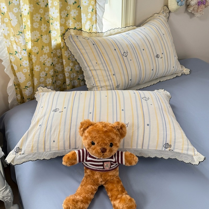 91家纺网 家纺一手货源 找家纺 一比一家纺 2026新款A类仿棉古法水洗棉法式全棉花边四件套 鱼多多