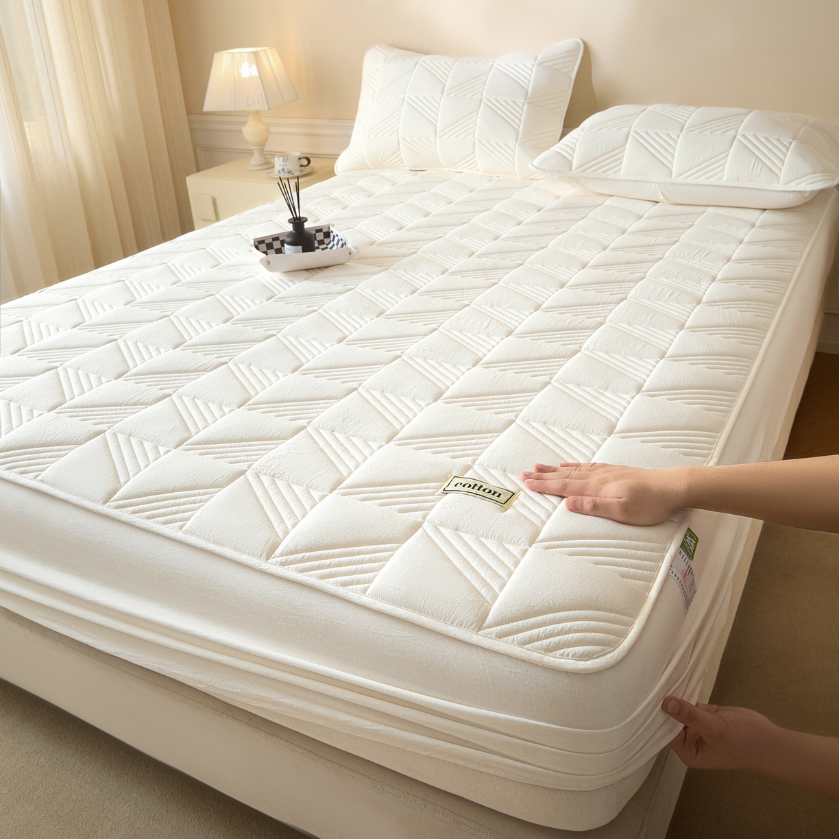 91家纺网 家纺一手货源 找家纺 （总）芬晴家纺 2026新款全棉纯棉夹棉棉花床笠单床笠-方纹系列