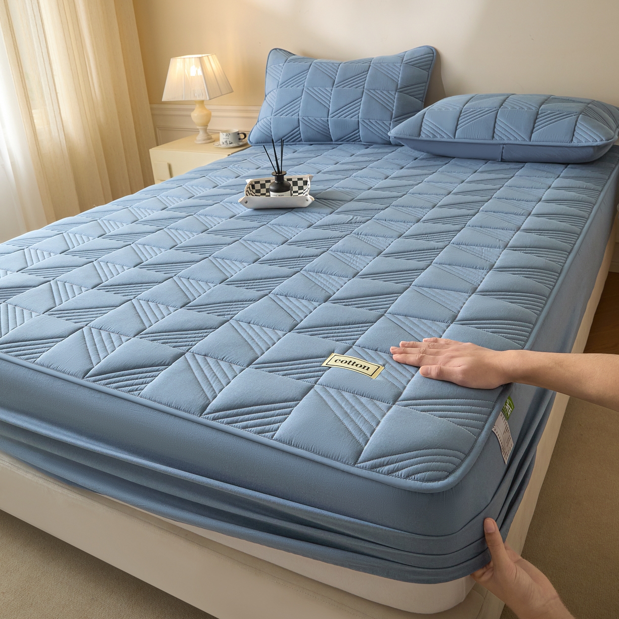 91家纺网 家纺一手货源 找家纺 （总）芬晴家纺 2026新款全棉纯棉夹棉棉花床笠单床笠-方纹系列