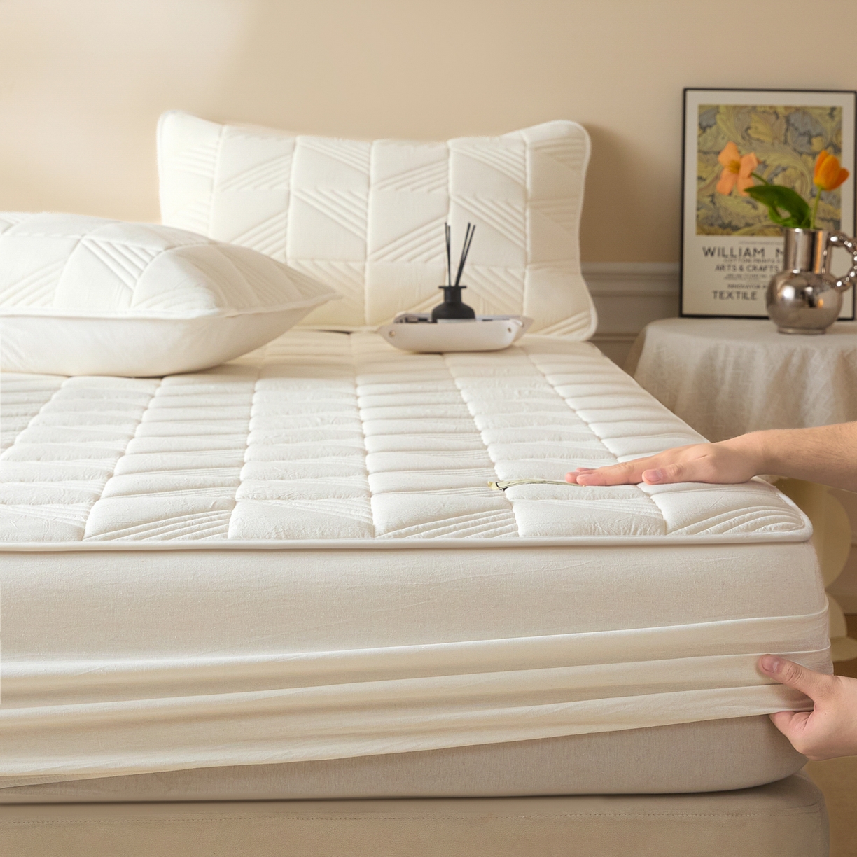 91家纺网 家纺一手货源 找家纺 芬晴家纺 2026新款全棉纯棉夹棉棉花床笠单床笠-方纹系列 方纹-白