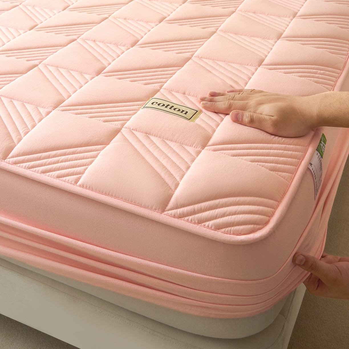 91家纺网 家纺一手货源 找家纺 芬晴家纺 2026新款全棉纯棉夹棉棉花床笠单床笠-方纹系列 方纹-嫩粉