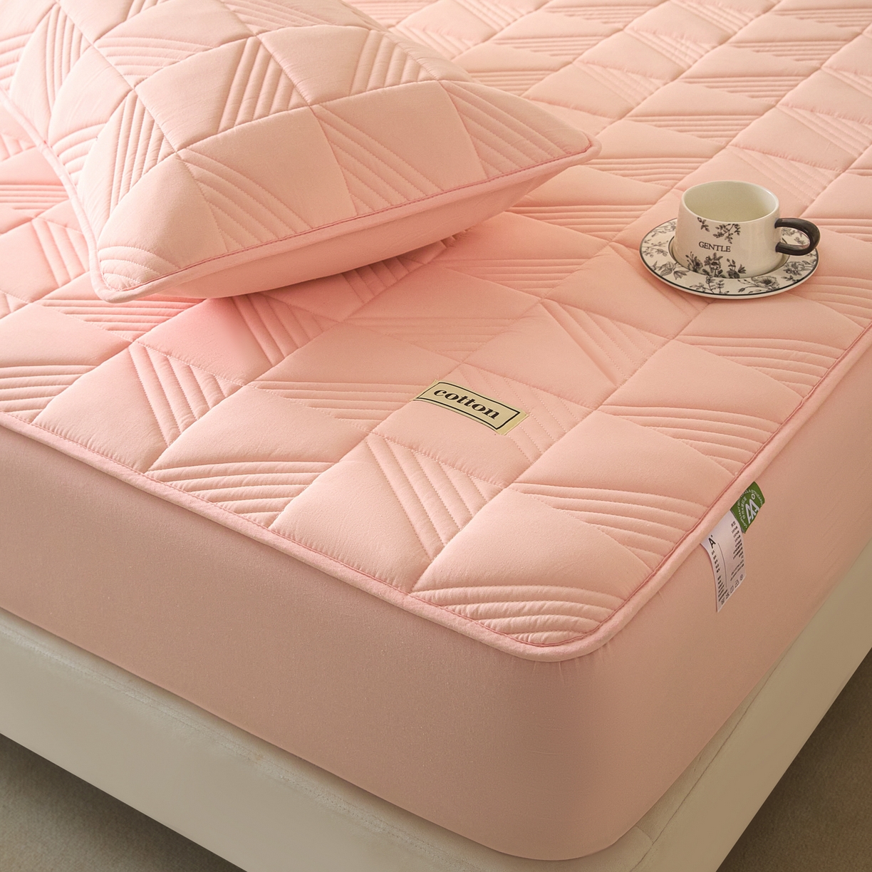 91家纺网 家纺一手货源 找家纺 芬晴家纺 2026新款全棉纯棉夹棉棉花床笠单床笠-方纹系列 方纹-嫩粉