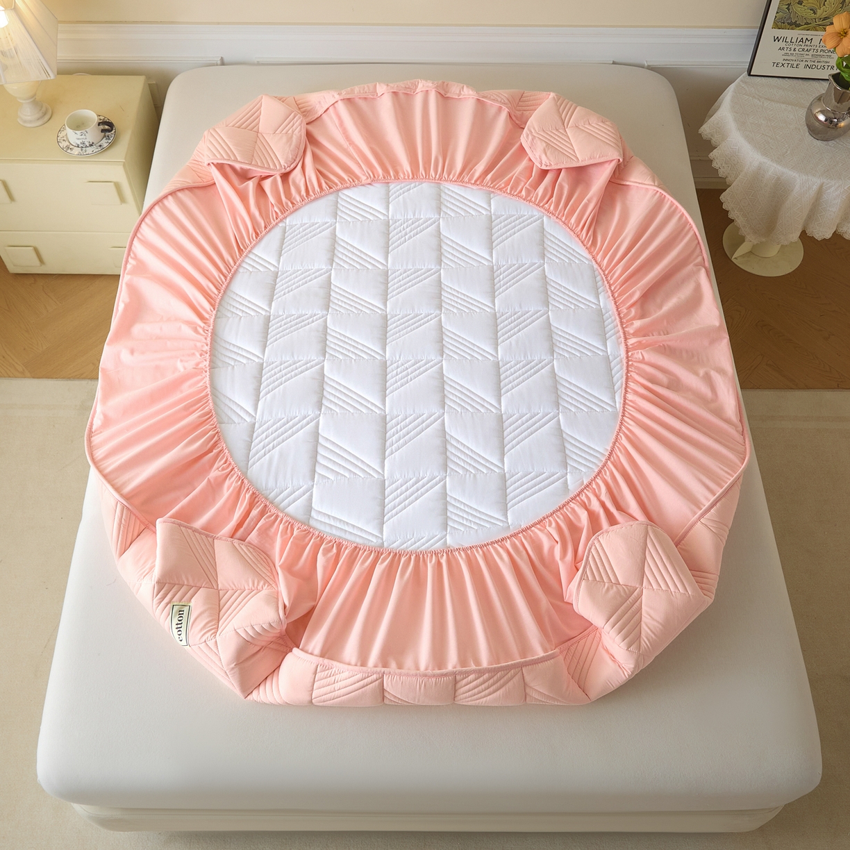 91家纺网 家纺一手货源 找家纺 芬晴家纺 2026新款全棉纯棉夹棉棉花床笠单床笠-方纹系列 方纹-嫩粉