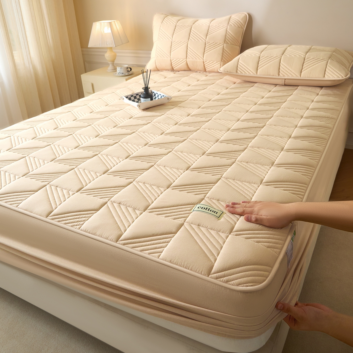 芬晴家纺 2026新款全棉纯棉夹棉棉花床笠单床笠-方纹系列 方纹-浅卡