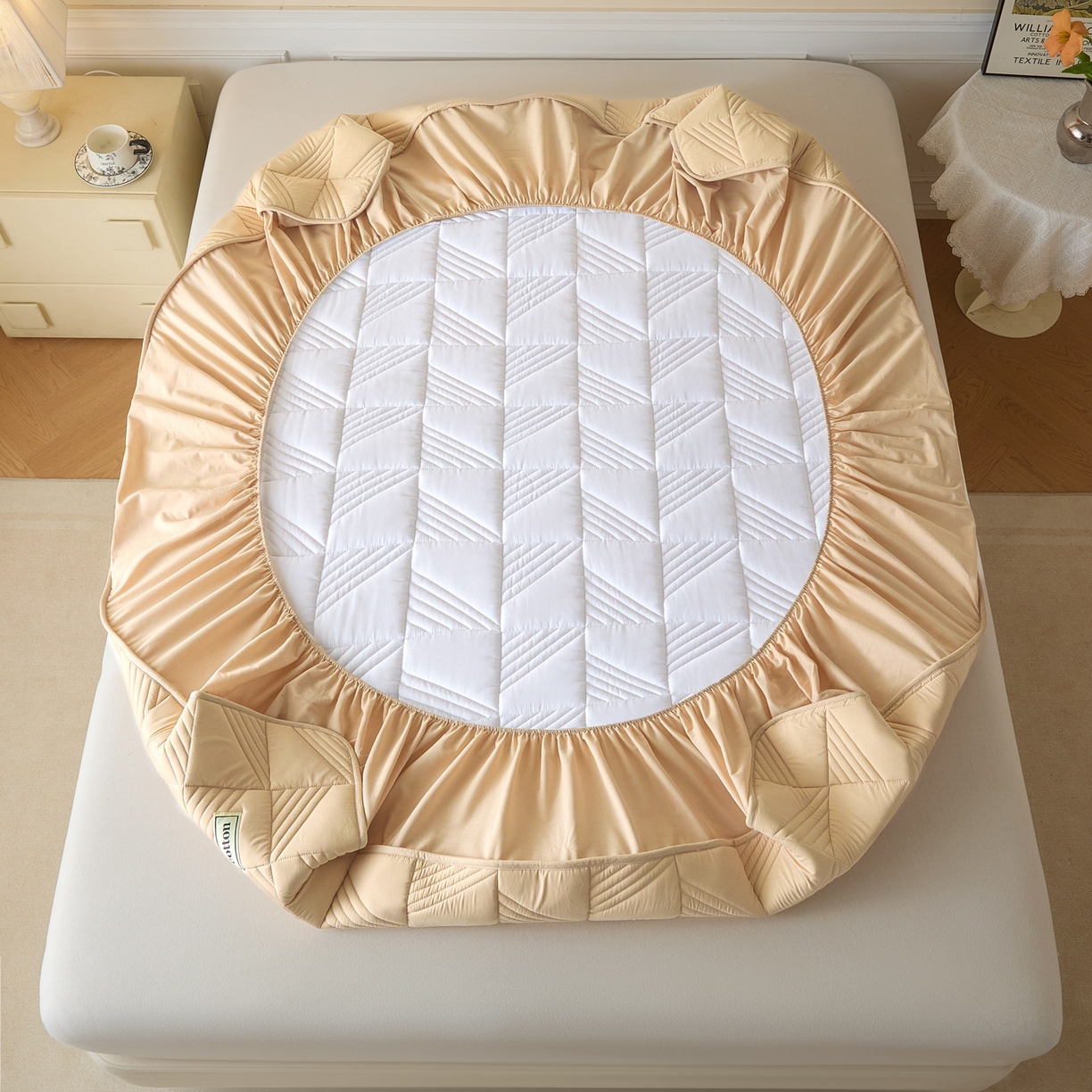 91家纺网 家纺一手货源 找家纺 芬晴家纺 2026新款全棉纯棉夹棉棉花床笠单床笠-方纹系列 方纹-浅卡