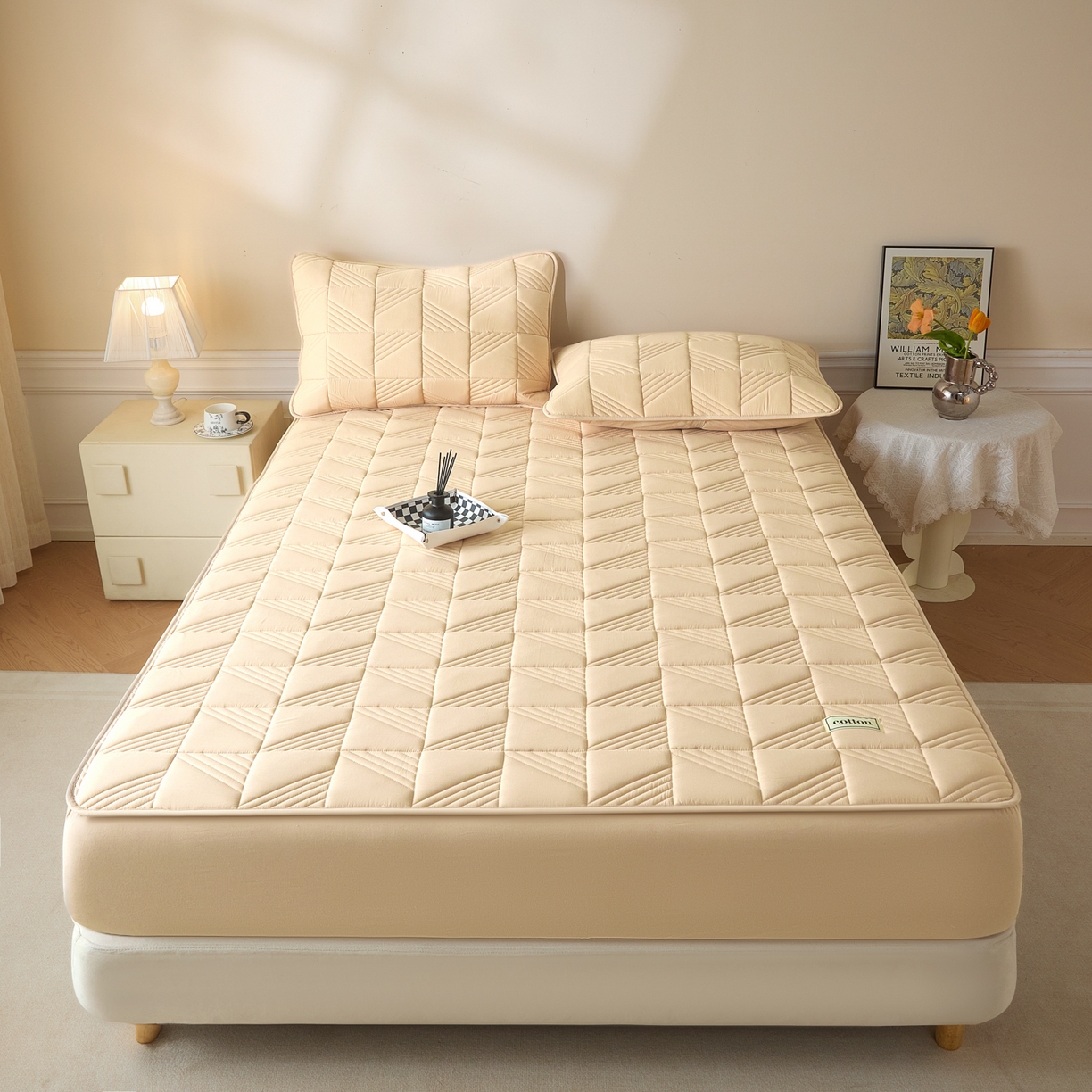 91家纺网 家纺一手货源 找家纺 芬晴家纺 2026新款全棉纯棉夹棉棉花床笠单床笠-方纹系列 方纹-浅卡