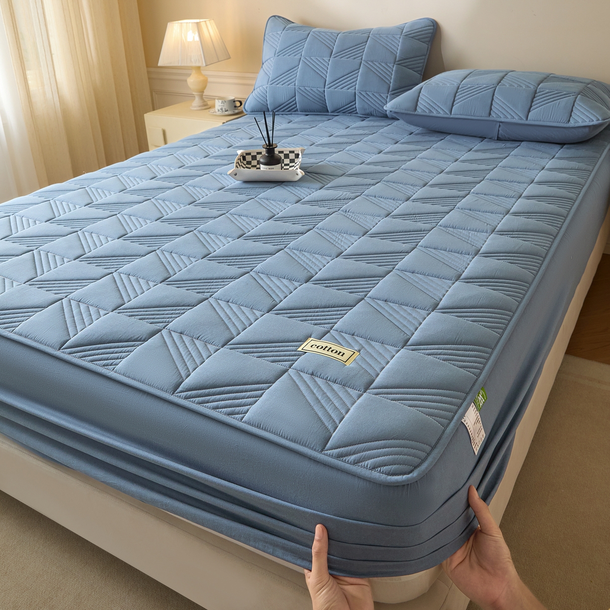 91家纺网 家纺一手货源 找家纺 芬晴家纺 2026新款全棉纯棉夹棉棉花床笠单床笠-方纹系列 方纹-雾蓝