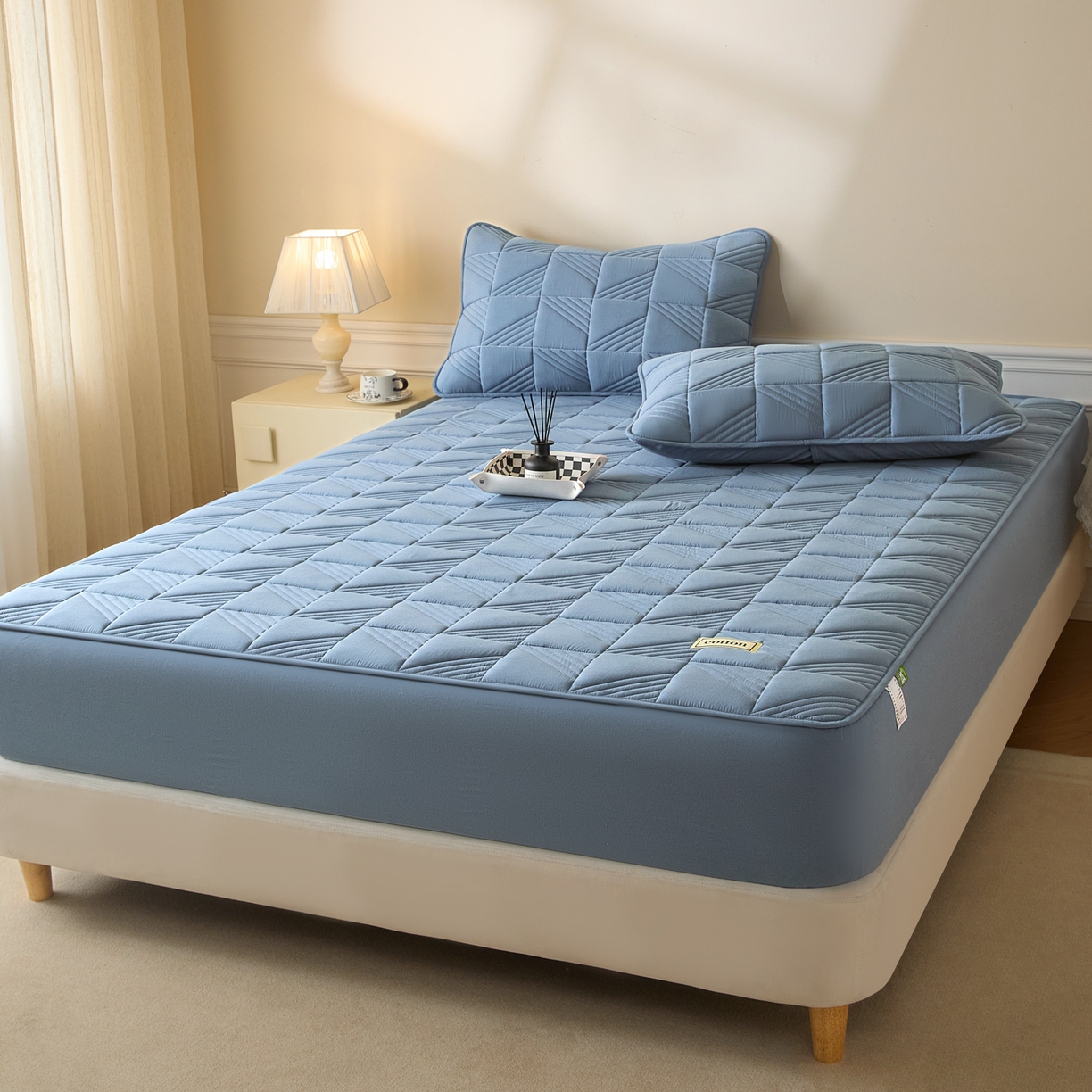 91家纺网 家纺一手货源 找家纺 芬晴家纺 2026新款全棉纯棉夹棉棉花床笠单床笠-方纹系列 方纹-雾蓝