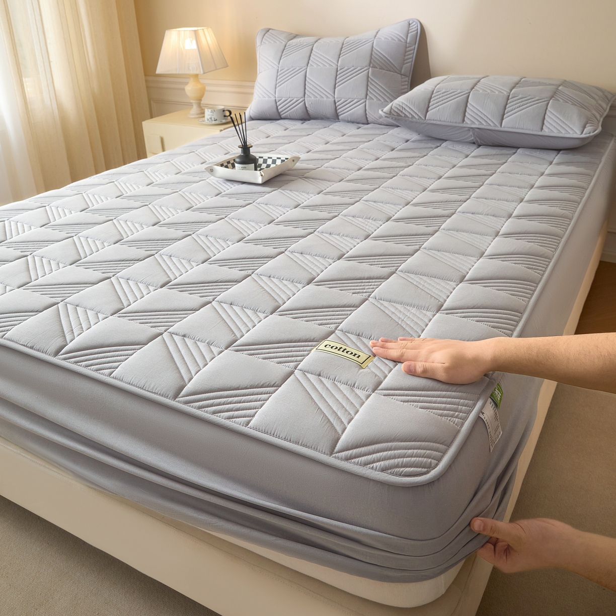 芬晴家纺 2026新款全棉纯棉夹棉棉花床笠单床笠-方纹系列 方纹-星灰